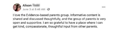 Alison testimonial of Evidence-based Parents group