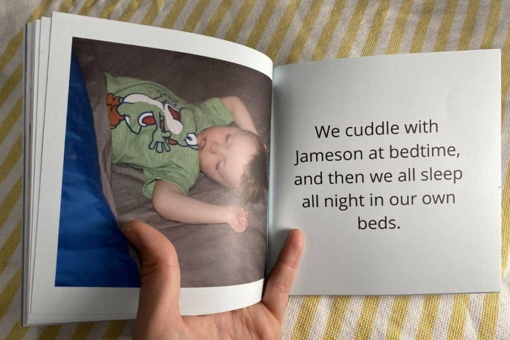 open page of toddler weaning book saying 'we cuddle at bedtime, and then we all sleep all night in our own beds'