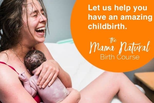 Click here to access the Mama Natural Birth Course. Elated woman holding her newborn baby immediately after birth.
