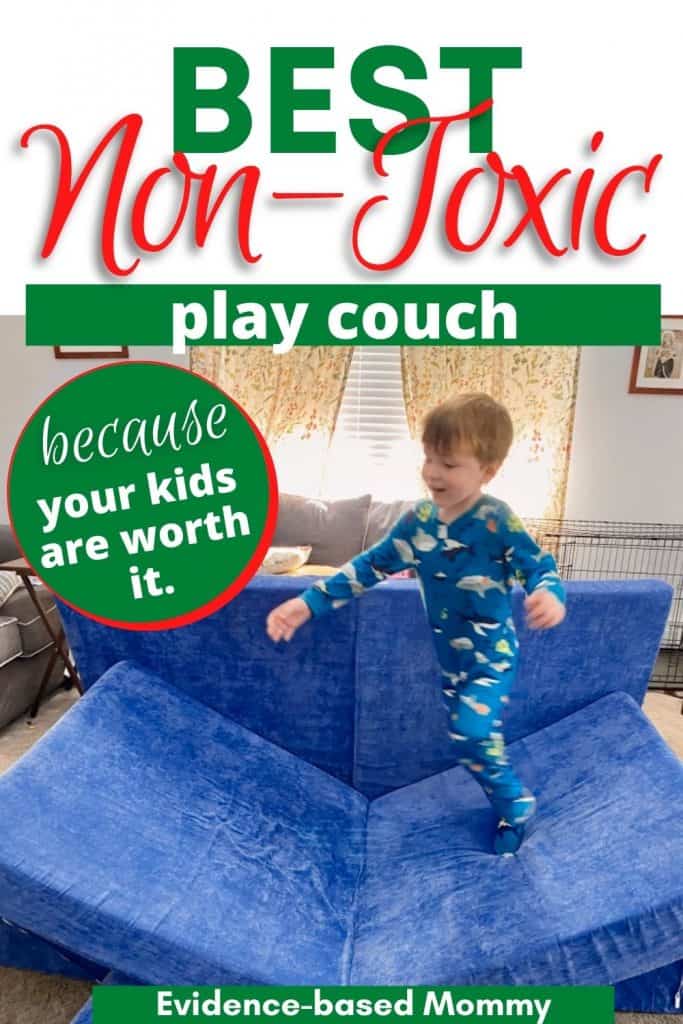 Pin showing Brentwood Home play couch as a Nugget alternative. Little boy is jumping from one end of the couch to another