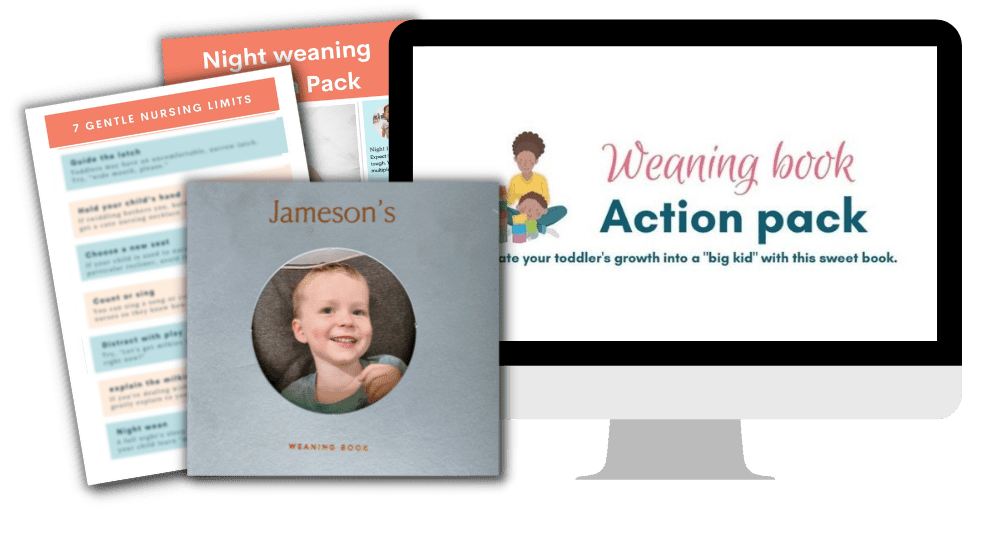 products included in weaning book template action pack, including book, night weaning action pack, and breastfeeding limits