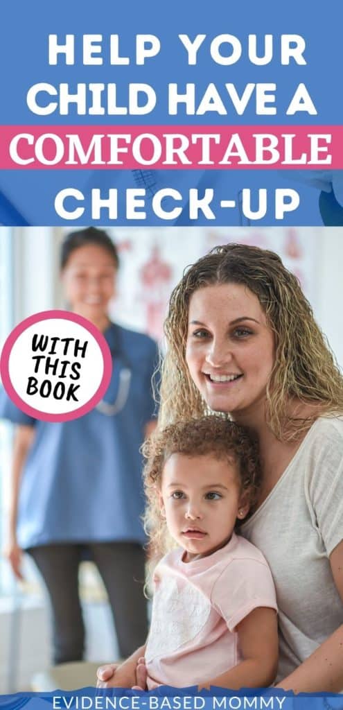 Pin showing mom with little girl in her lap in pediatrician waiting room. Text: Help your child have a comfortable check-up with this book