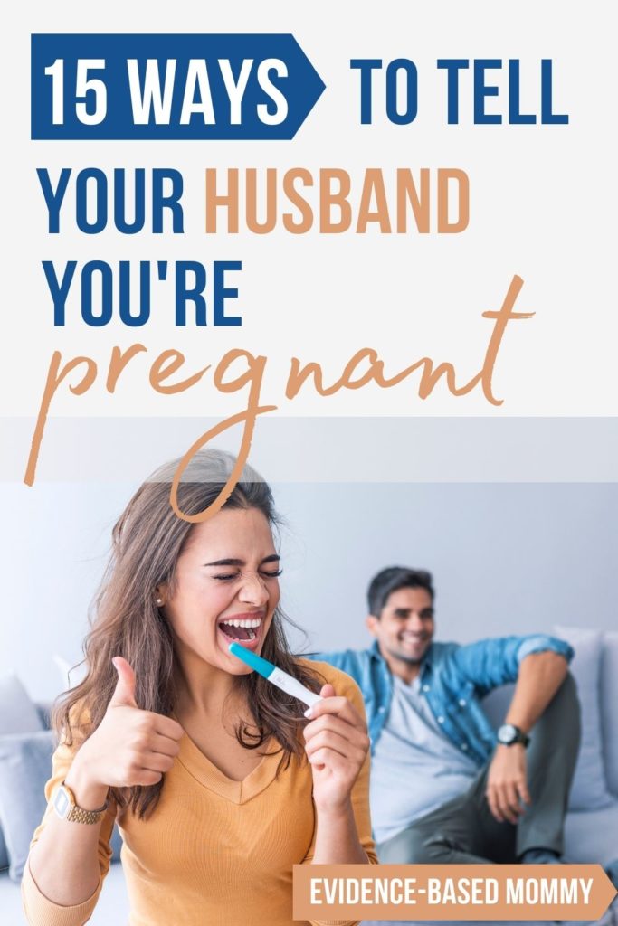 excited woman standing in front of her husband with a positive pregnancy test