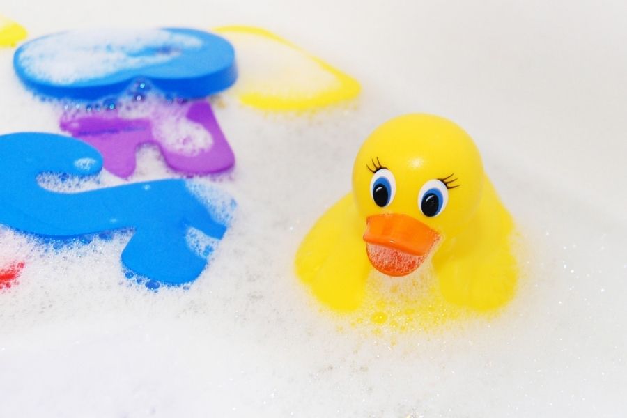vinyl toys like this rubber ducky may contain phthalates or other toxic chemicals that can leach out in water or in baby's mouth