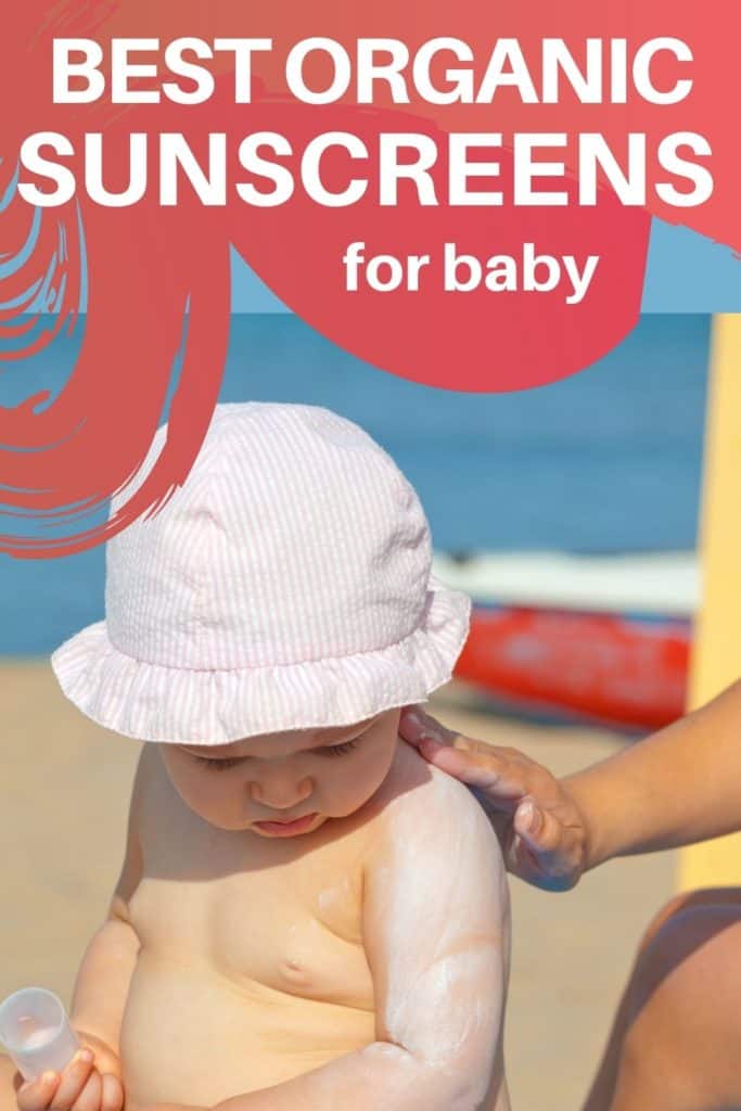 Pin with picture of mother rubbing sunscreen into baby's back with caption 