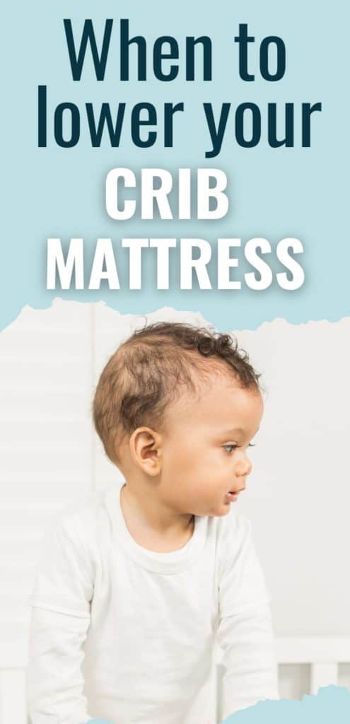 Pin showing baby standing in crib unsafely. He needs the crib mattress height lowered.