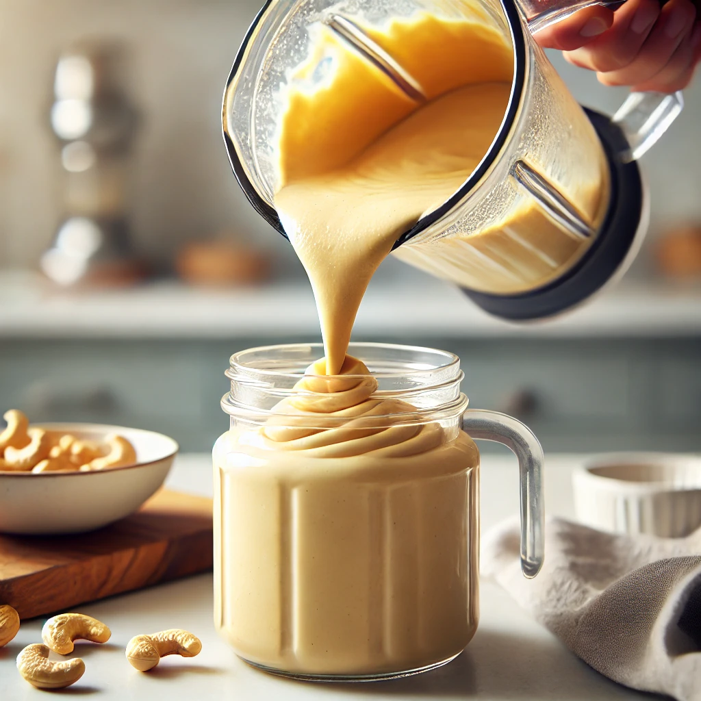 Vegan cashew cheese Sauce poured from mixer to Cheese Sauce Container