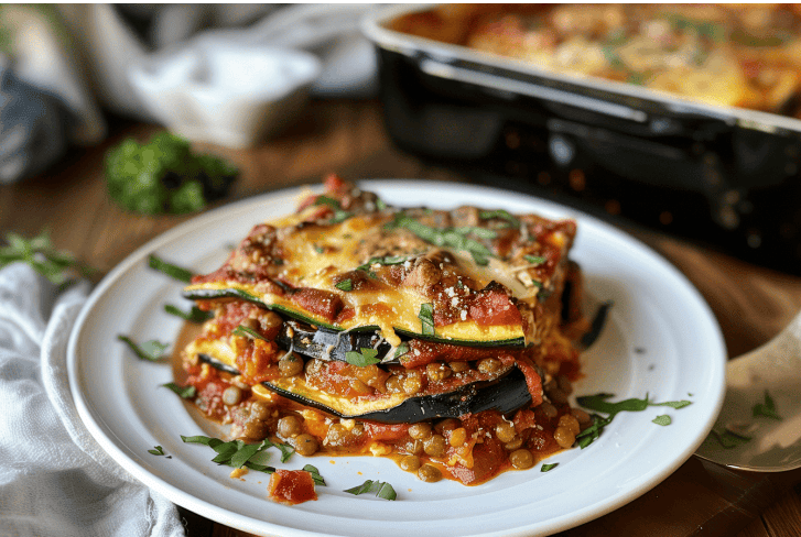 Plant based zucchini  eggplant lentil lasagna served on a white plate 