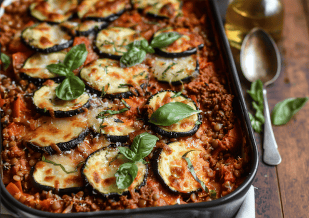 cooked vegan zucchini eggplant and lentil lasagna recipe 